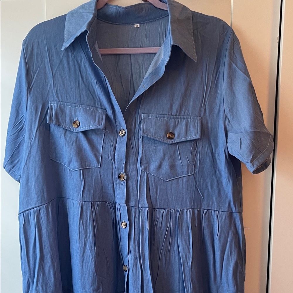Blue Button-Up Shirt Dress